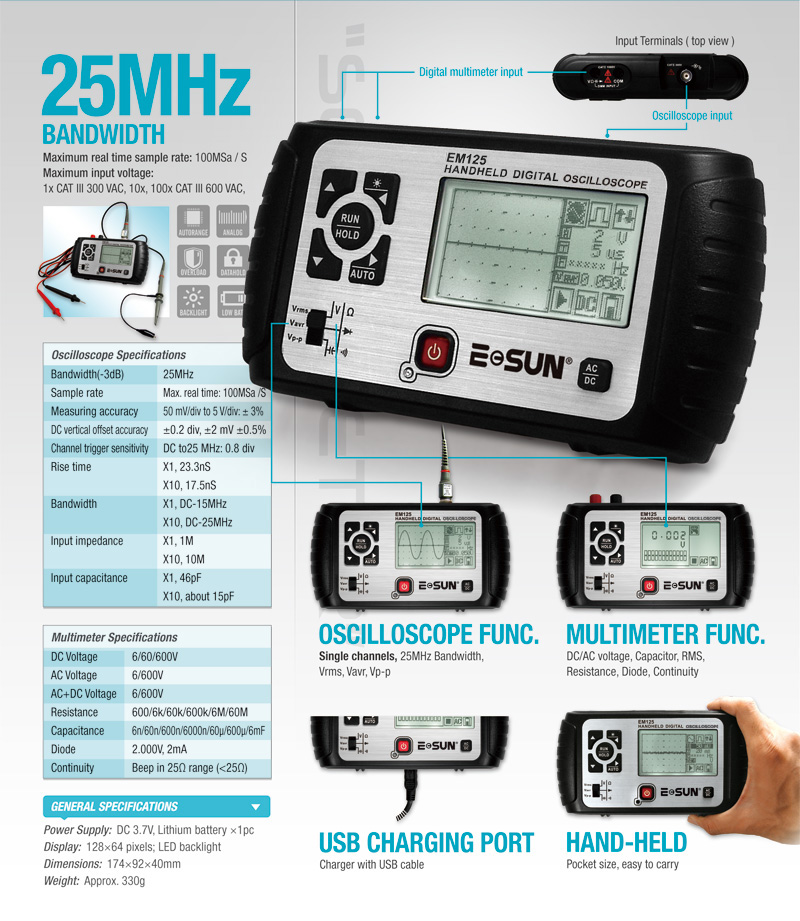 EM125 2 IN 1 Handheld Digital Scopemeter Mini Oscilloscope 25Mhz Multimeter 