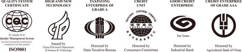 Certifitions: ISO9001:2000, High & New Tech, TAXPAYING ENTERPRISE OF GRADE A, CREDIT UNIT, GOOD CREDIT ENTERPRISE